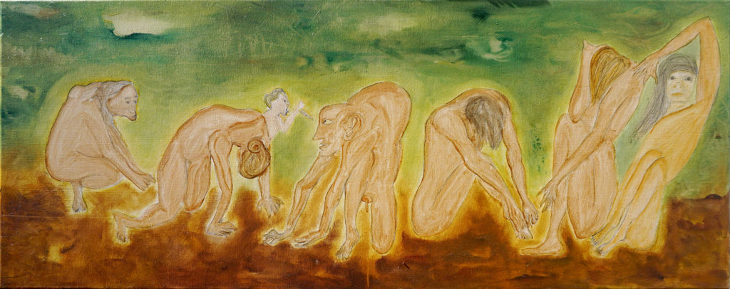 <em><strong>La Tribu</strong></em>, 2019 <br> Huile sur toile, 40 x 100 cm